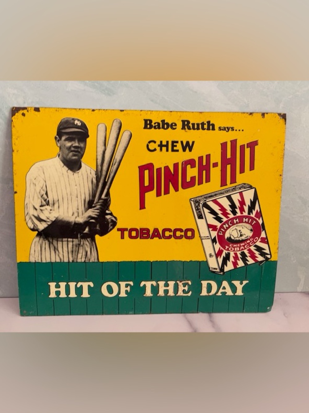 Vintage BABE RUTH Metal Sign Pinch Hit Tobacco Advertising 1989 Baseball Decor